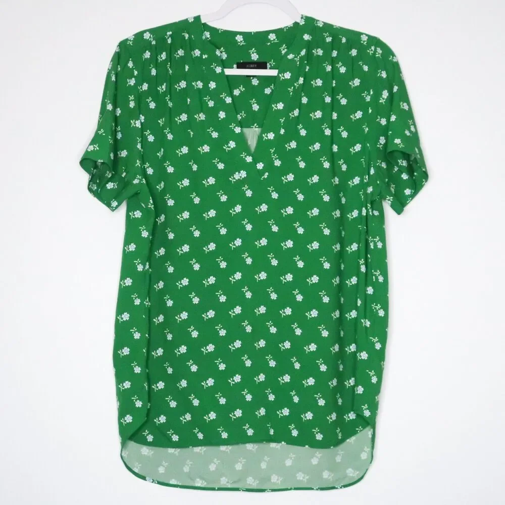 J.Crew Womens Blouse Size Small Green Floral Split V-neck Feminine Office Career